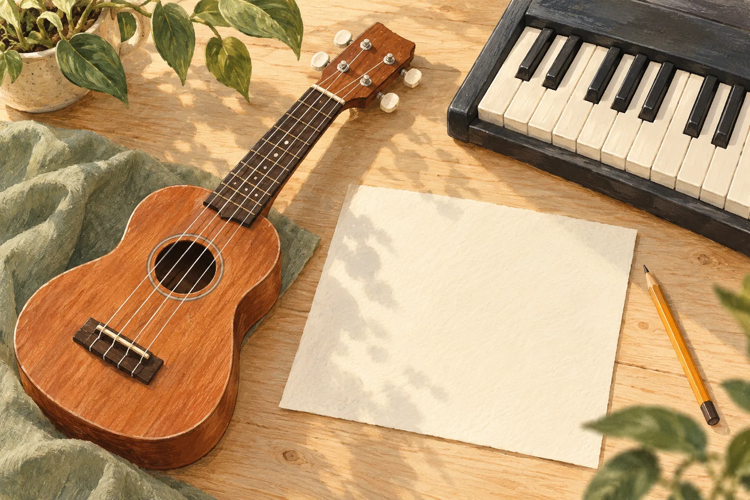 Ukulele, tecles de piano i papers de música sobre una taula de pràctica.