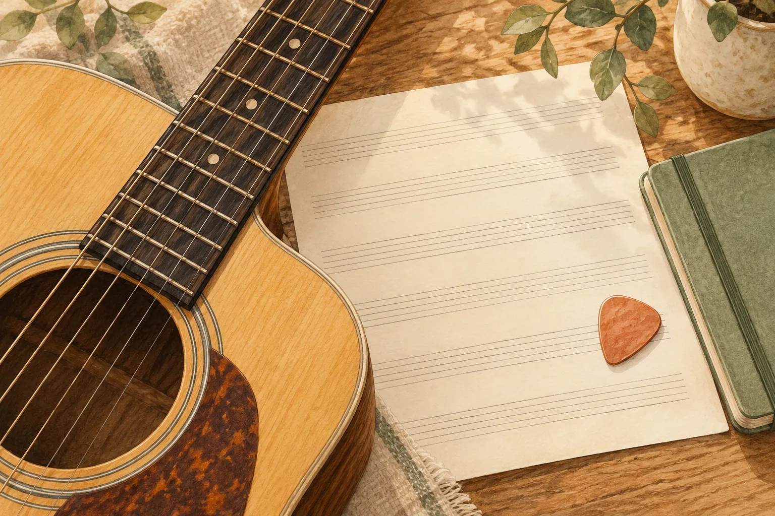 A warm illustration of a guitar resting beside blank music paper and a pencil.