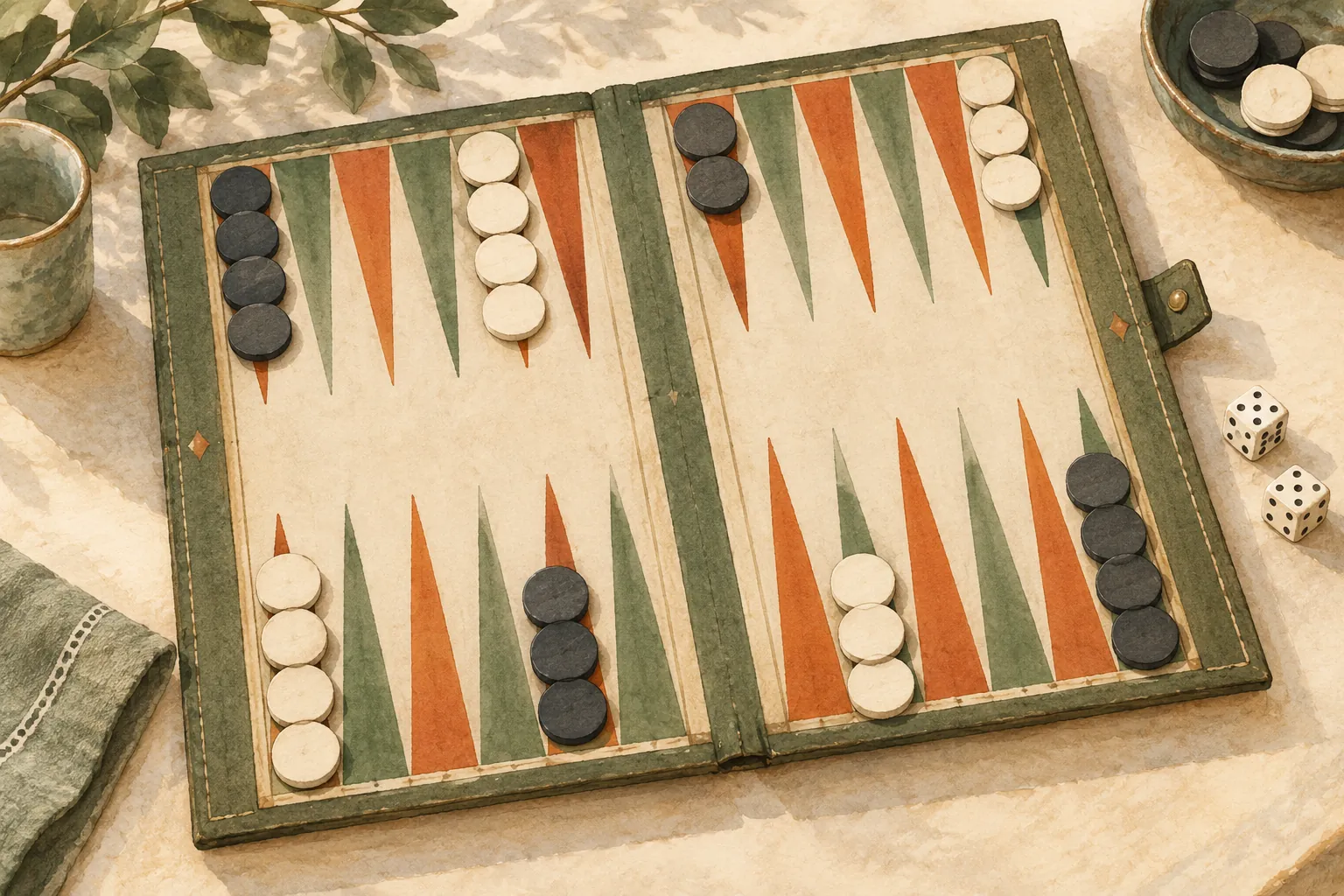 An illustrated tabletop game scene with a board, dice and paper game materials.