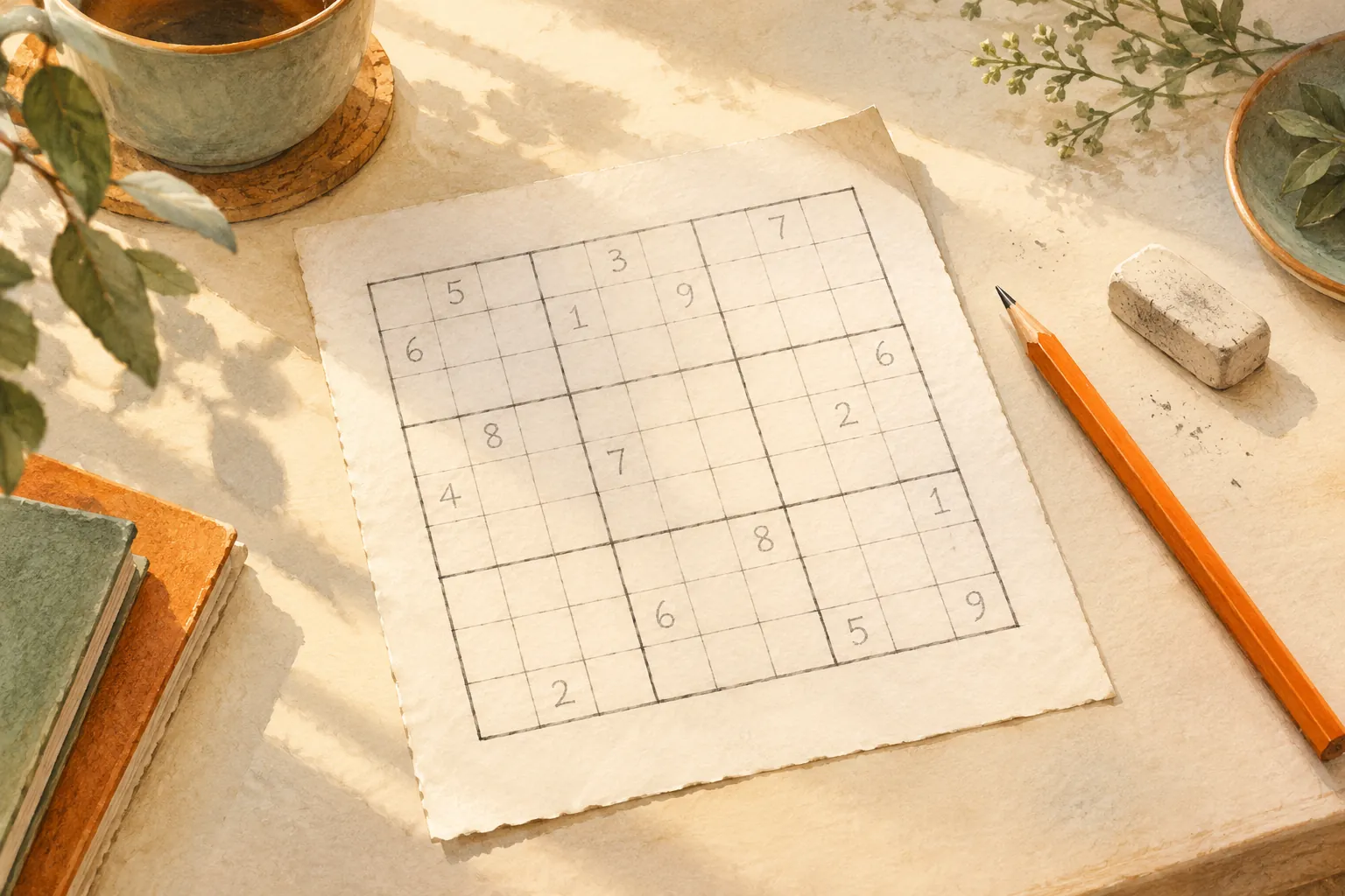 Aquarel·la d'un sudoku amb xifres inicials, petites anotacions i un llapis.