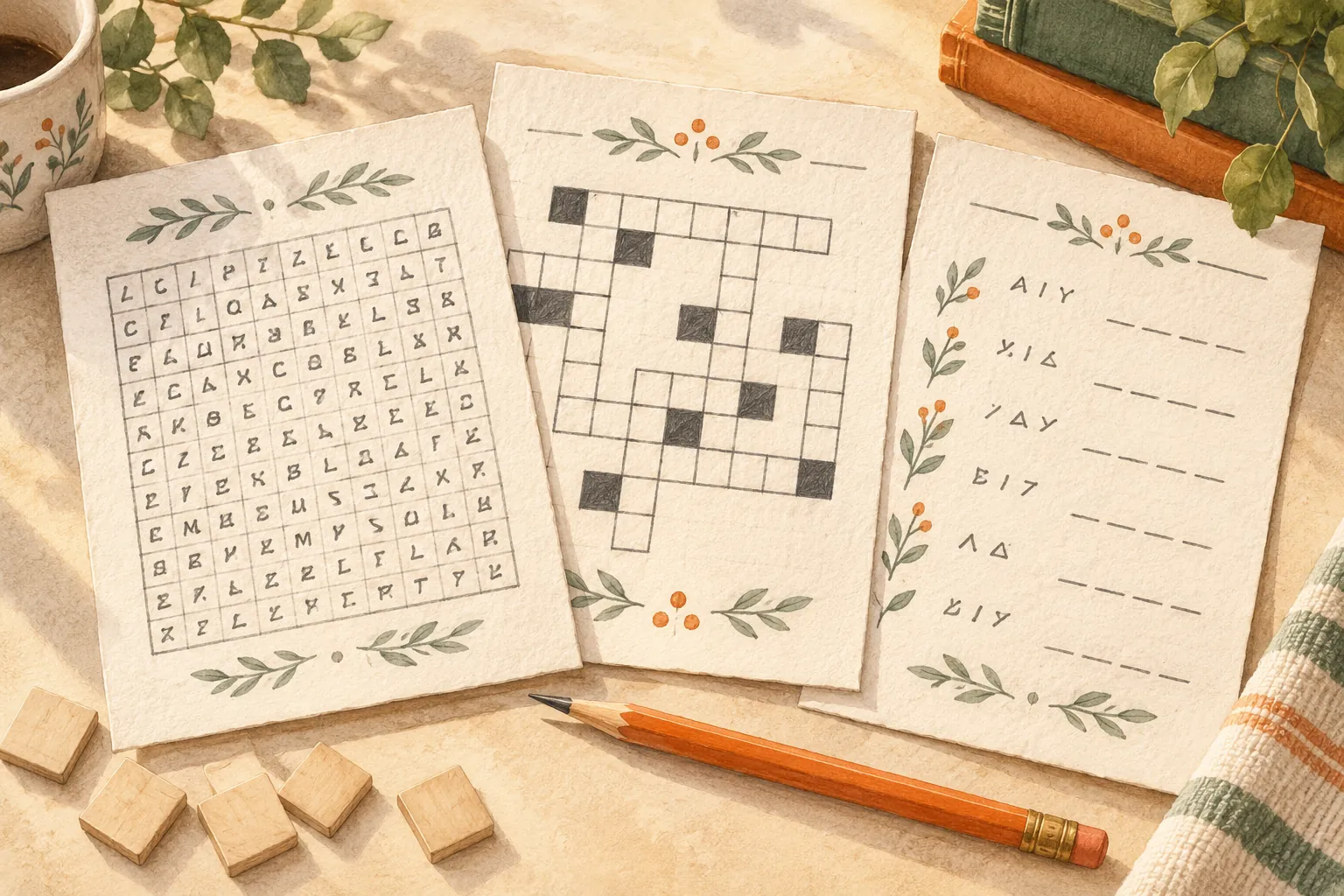 An artistic word-puzzle desk with letter cards, a pencil and sheets of visual clues.