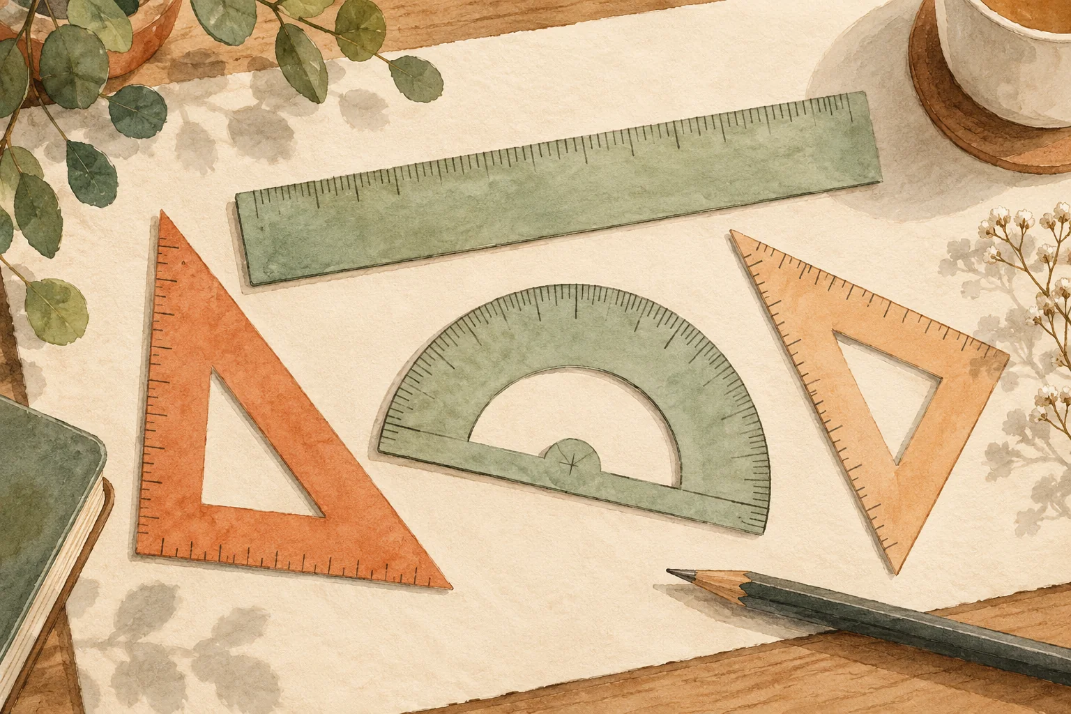 Geometri araçları, çember taslağı ve hesaplama kâğıtları içeren illüstrasyon.