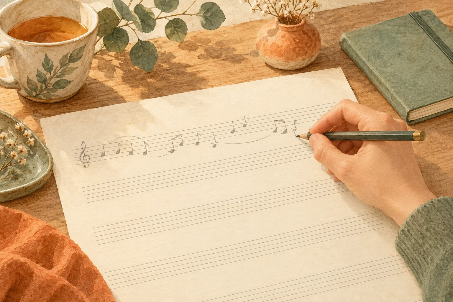 Acuarela de una mano escribiendo notas en papel pautado musical.