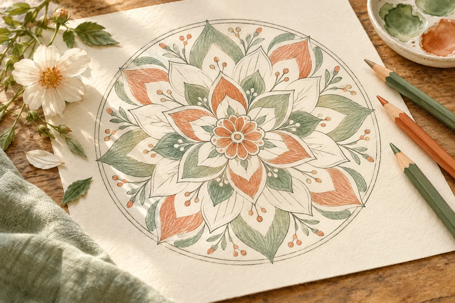 A softly painted craft desk with colored markers, pencils and paper for a circle-filling activity.